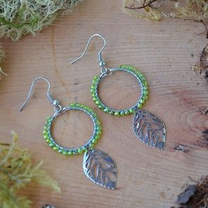 Handmade Hoop Earrings - Wire Wrapped Leaf Drop